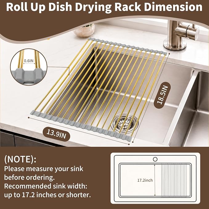 Golden Roll Up Dish Drying Rack, Stainless Steel Dish Drainer Over The Sink for Kitchen Sink Counter Storage, Applicable for Sink Width Less Than 17in (18.5'' x 13.9'')