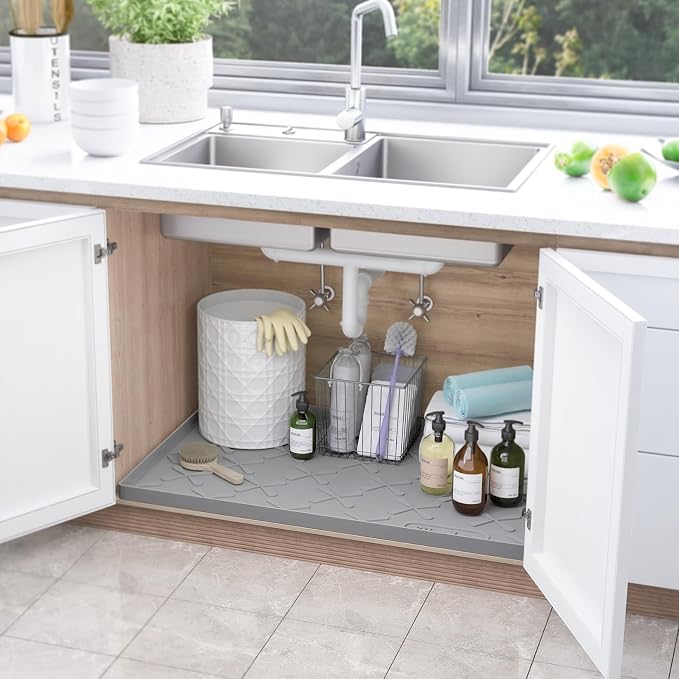 Waterproof Under Sink Mat 40" x 22" Silicone Mat Cabinet Protector | Heavy Duty Deep Drip Tray, Extra Thick Non Slip Liner for Kitchen & Bathroom, Pets, Organizer, Storage, Boots, Home Essential