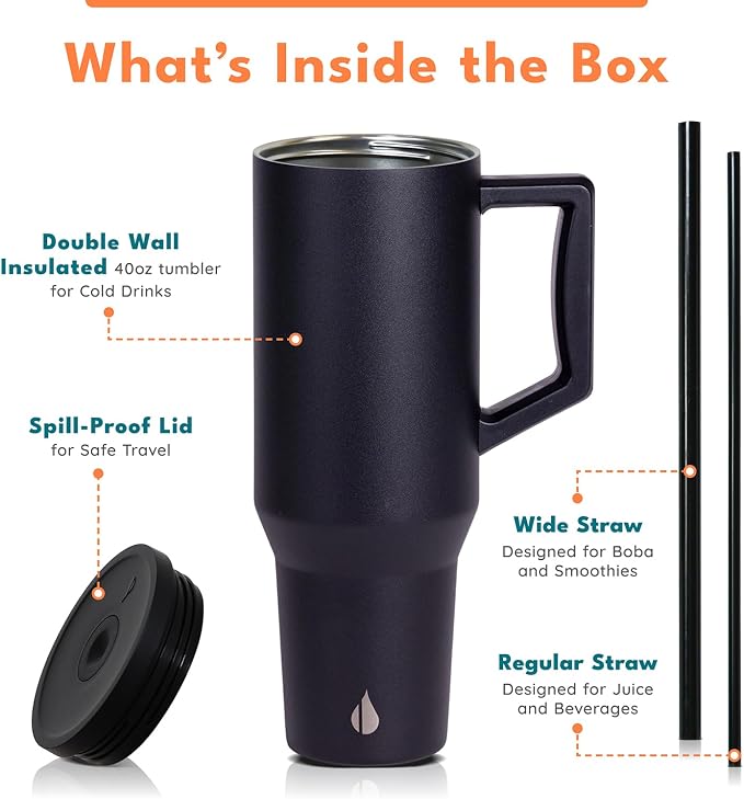 Elemental Spill Proof 40oz Insulated Tumbler with Handle & Straw Travel Mug | Stainless Steel Commuter Travel Coffee Mug for Cold Beverages, Includes 2 Straws & a Spill Proof Lid for Everyday Use