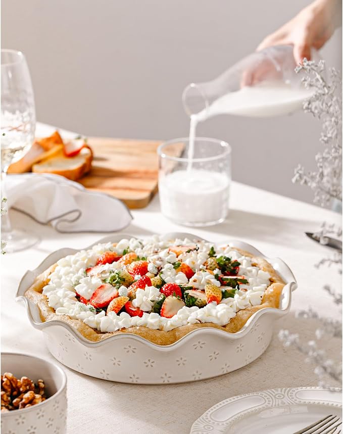 Ceramic Deep Pie Pan for Baking, 11 inch Porcelain Pie Plate for Apple Pie, Oven & Dishwasher Safe, Farmhouse Decor, 48 Ounce Deep Plate for Kitchen, Non-Stick Pie Dish, Embossed Flower