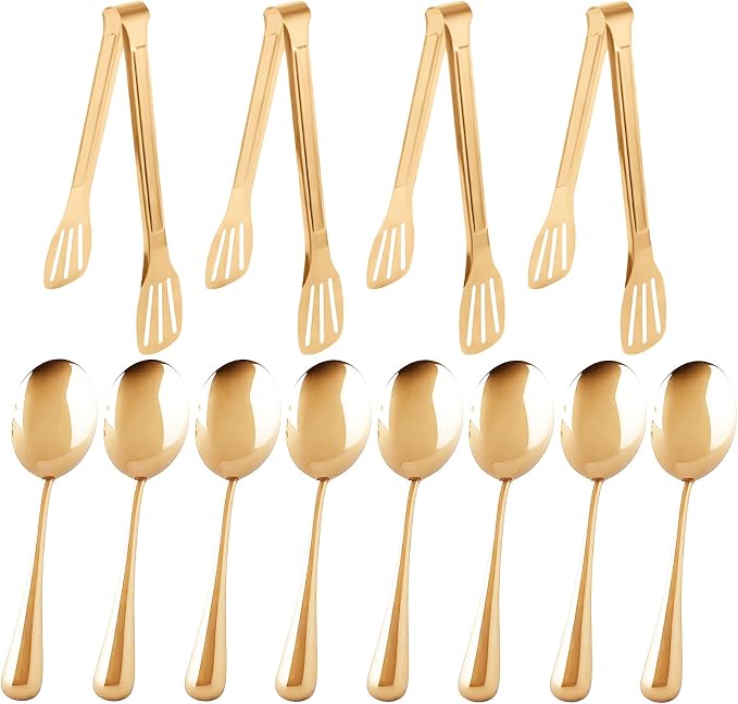 12PCS Gold Serving Utensils Set,Includes 8 large serving spoons,4 serving tongs