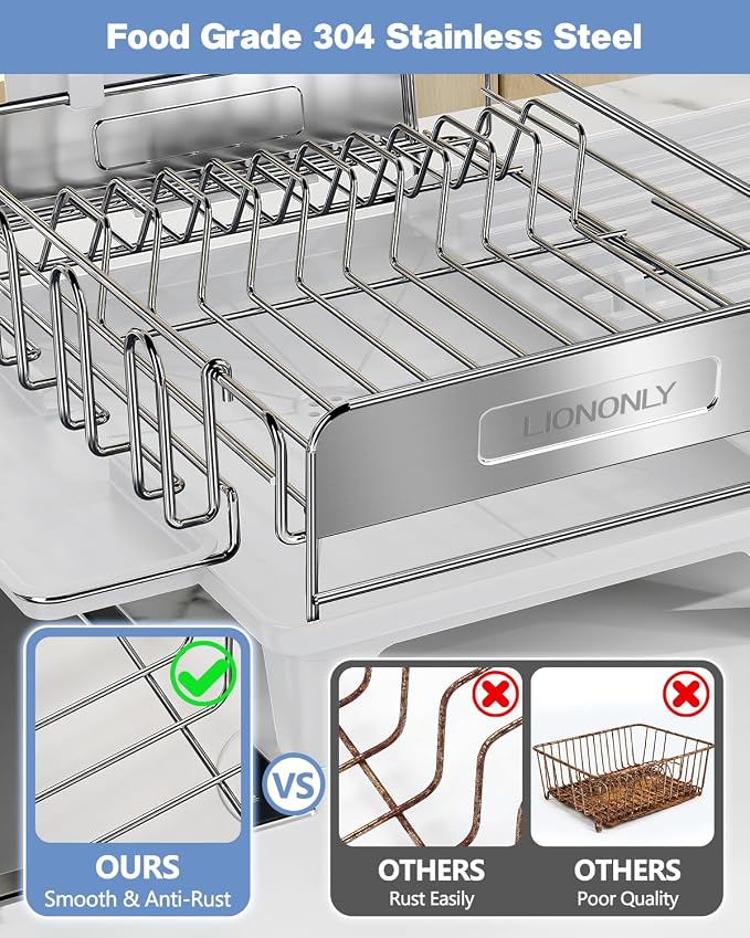 Expandable Dish Drying Rack, Dish Racks for Kitchen Counter, Stainless Steel 304, Flip-Top Retractable Plate, Multi-Directional Adjustable Dish Rack, Space Saving Large Drying Rack Kitchen, White