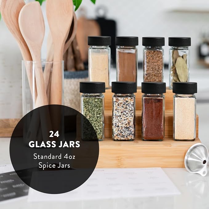 SAVVY & SORTED Glass Spice Jars with Label 24 PK - 4 Oz Spice Containers with 374 Minimalist Preprinted Labels Stickers, Pepper Grinder Funnel Shaker Lids, Empty Seasoning Containers Bottles
