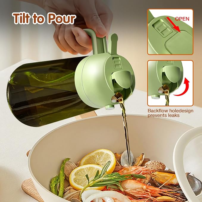 YARRAMATE 2PCS 16oz/470ml Oil Sprayer for Cooking with Stickers, Food-Grade 2 in 1 Olive Oil Dispenser Bottle for Kitchen, Premium Dark Green Glass Oil Bottle for Air Fryer, BBQ (White & Green)