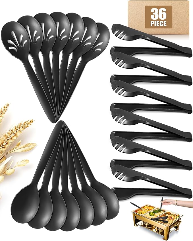 Reusable Plastic Serving Utensils Set of 36, Wheat straw Large Serving set 10" Serving Spoons/10" Slotted Spoons/9.4" Tongs, for Party Chafing Dish Buffet Catering (Black, Not for Cooking)