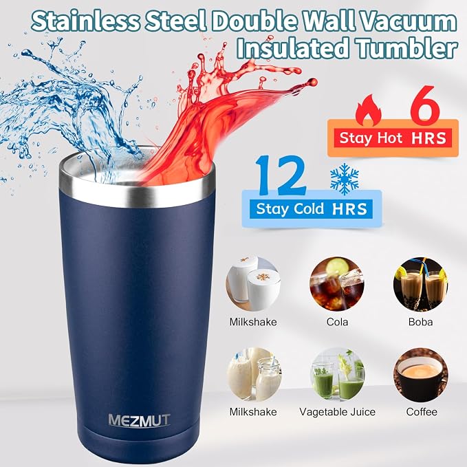MEZMUT 20oz Insulated Tumbler Travel Coffee Mug with Lid(Navy Blue,6 Pack) | 18/8 Stainless Steel Double Wall Vacuum Spill Proof Metal Tumbler Bulk with Lid and Straw, Hot or Iced Coffee Cup