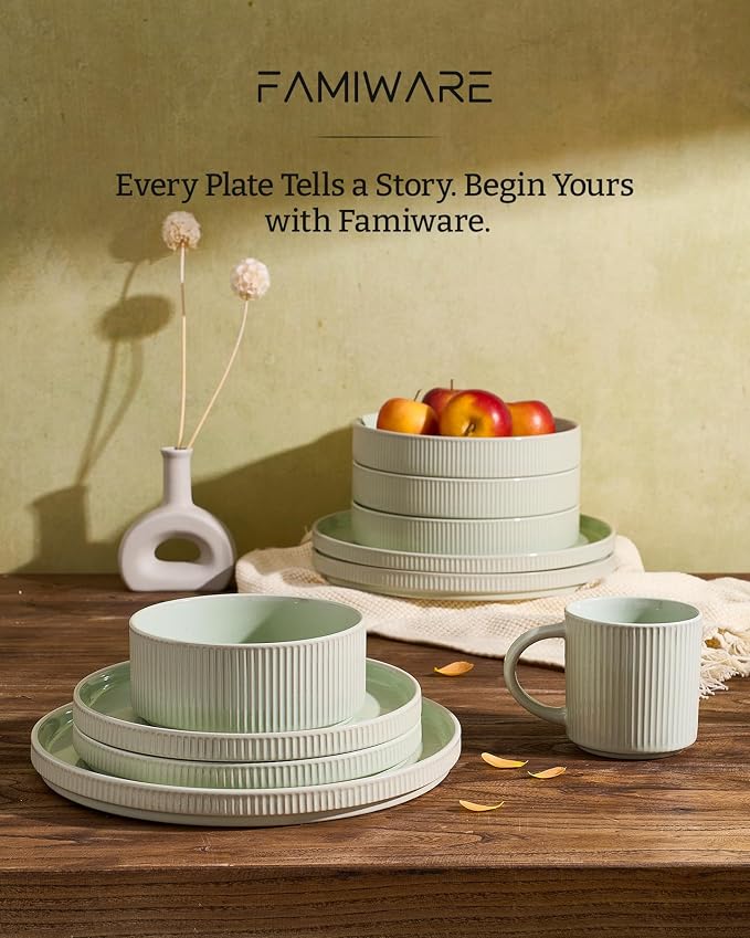 Famiware Star Stoneware Dinnerware Sets with Pasta Bowls, 16pc Dishes for 4 | Ceramic Flat Plates and Double Bowls. Chip & Scratch Resistant. Microwave & Dishwasher Safe, Everyday Dining, Light Green