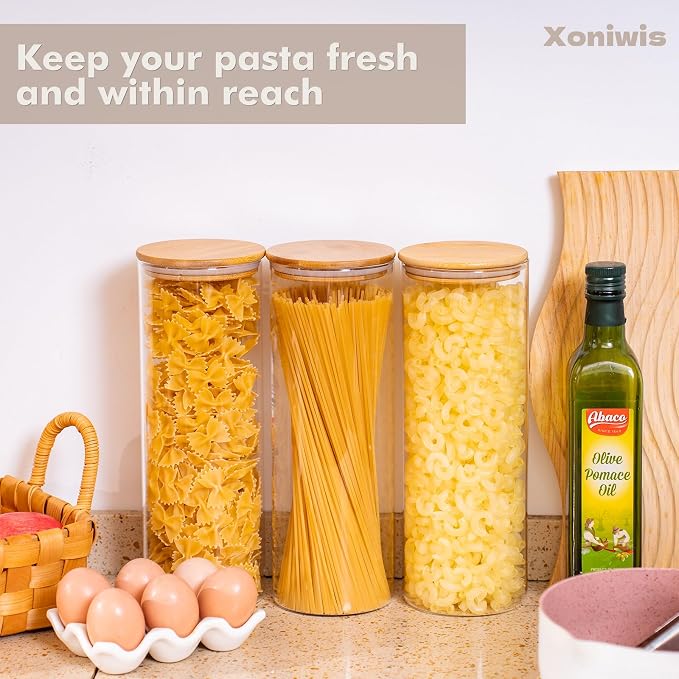 3-Pack 2Qt Round Glass Spaghetti Jars with Bamboo Lids | Minimalist Kitchen Organizer,Scandinavian Style Storage,Nordic Style Storage,Food Storage Canister for Pasta, Penne, Macaroni
