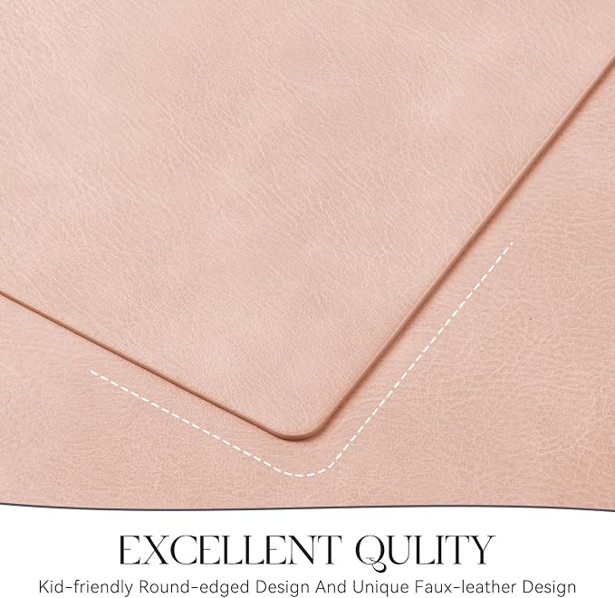 MOSAYT Vinyl Placemats Set of 8-12 X 17 Inch - Faux Leather 100% Waterproof Oil-Proof Wipeable PU Place Mats, Heat Resistant Reversible Table Mats for Kitchen, Dining, Outdoor, Pink