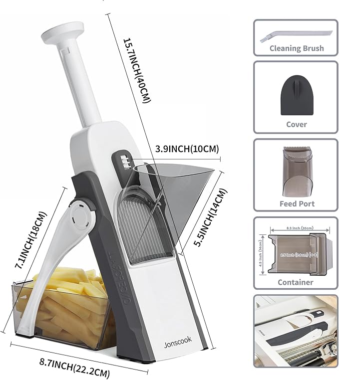 Safe Mandoline Slicer for Kitchen, 5 in 1 Multi Food Chopper, Potato Slicer | Adjustable Thickness 0.1-8 mm, Vegetable Chopper Cutter, Food Chopper French Fry Cutte, Paring Knife/Cleaning Brush, Mandolin