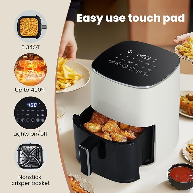 OLIXIS 12-in-1 Air Fryer 6.34 Quarts, Visable Airfryer with Window, 400°F, Roast, Reheat, Dehydrate, Bake, Steam, Fries, Custard, Chicken, Wings, Sea Food, Vegetabels, Pearl White