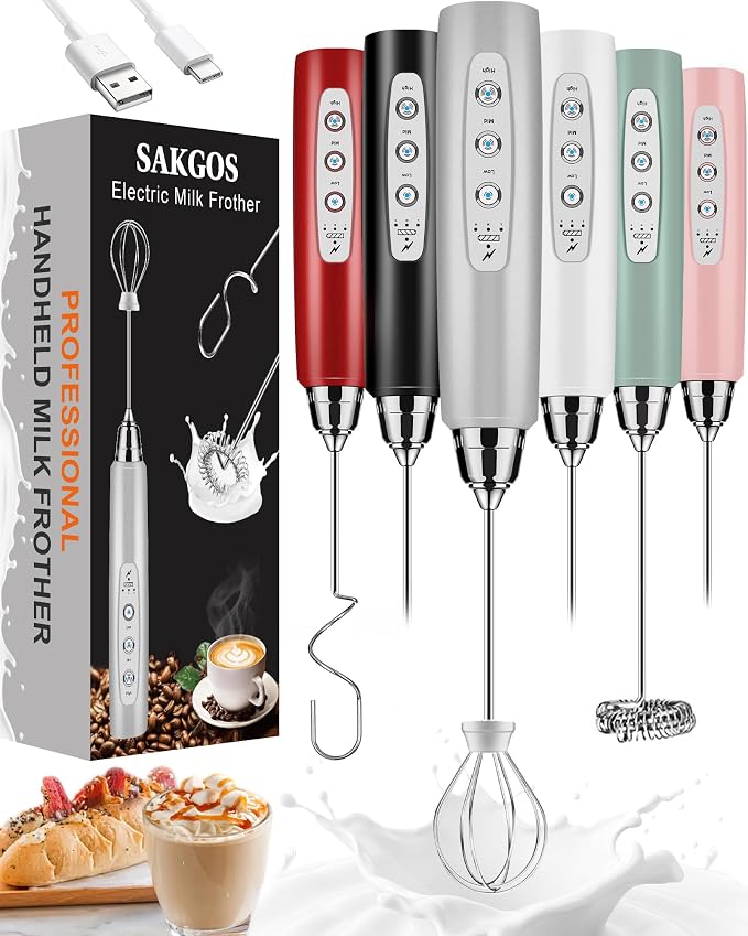 Milk Frother Wand Rechargeable Handheld Electric Whisk 3 Speed Adjustable | Coffee Frother Wand with 3 Stainless Whisks Electric Foam Maker Drink Mixer Blender for Latte Cappuccino Matcha Egg