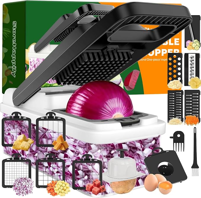 15-in-1 Vegetable Chopper 10 Blades, Veggie Cutter with Handle, Black/White | Stainless Steel Blades, Food Container and Lid, Dicer, Slicer, Julienne, Egg Separator, Non-slip Base, Include Cleaning Tools