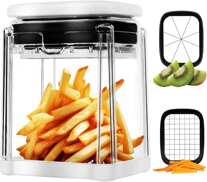 2-in-1 French Fry Cutter Potato Slicer with Container Manual Vegetable Chopper with 2 Blades Potato Cutter for Fries Apple Slicer