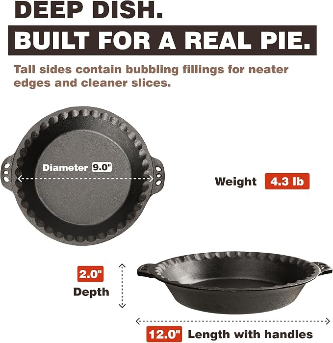 Cast Iron Pie Pan | Pre-Seasoned Round Baking & Serving Dish | 9" | Pan for Apple, Pumpkin & Cherry Pies, Quiche & Tarts | For Baking & Serving | Silicone Trivet Included | 9", 2" Deep
