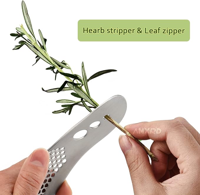 Stainless Steel Garlic Press Rocker & Silicone Garlic Peeler | 3-in-1 Garlic Mincer Crusher Squeezer with Bottle Opener & Herb Stripper/Leaf Zipper, Versatile Kitchen Tool