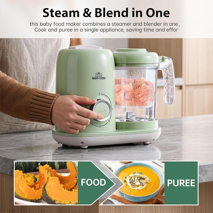 AMZBABYCHEF Baby Food Maker, 4 in 1 Baby Food Processor and Steamer, Puree Blender, Multifunctional Baby Puree Maker, Dishwasher Safe (Green)