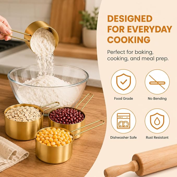 Gold Measuring Cups and Spoons Set, 8 Piece Stainless Steel Measuring Cup and Spoon Set for Baking and Cooking, Stackable Gold Kitchen Measuring Utensils for Dry and Liquid Ingredients