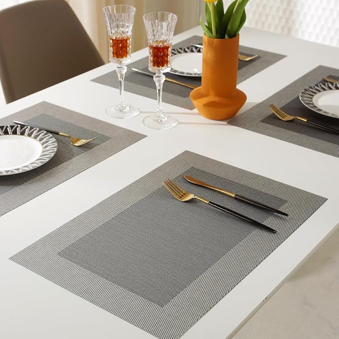 Vinyl Placemats Heat-Resistant Table Mats Washable Easy Clean Plastic Placemat for Kitchen Dining Table Set of 8 Indoor Outdoor (Dark Silver)