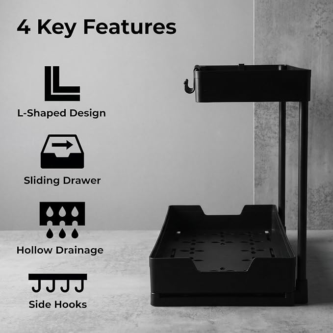 2 Pack Under Sink Organizer L-Shaped, Pull Out Large Capacity Storage | Durable PP Rack with Five Hangers for Kitchen, Bath & Pantry
