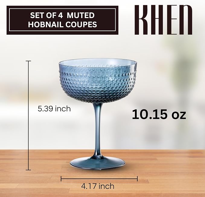 Khen Muted Hobnail Coupes Vintage Textured Pastel Style Cocktail Martini Champagne Saucer Retro Colored Glass Goblets Set of 4 10.15oz Durable Glassware Decorative Barware Classic Party Drink