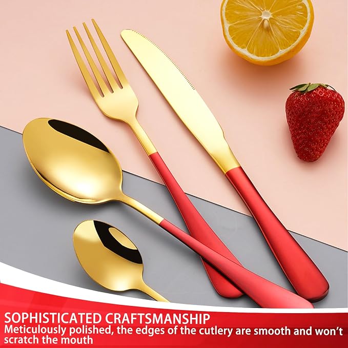 24 Pieces Silverware Set, Stainless Steel Flatware Set with Silverware Holder Spoons Forks Knives,Utensils Set Service for 6,Gold Mirror Polished and Matte Painted Cutlery Set (Red)
