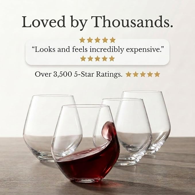 Godinger Wine Glasses, Stemless Wine Glasses, Red Wine Drinking Glasses, Stemless Wine Glass - 17oz, Set of 4 - Made in Europe