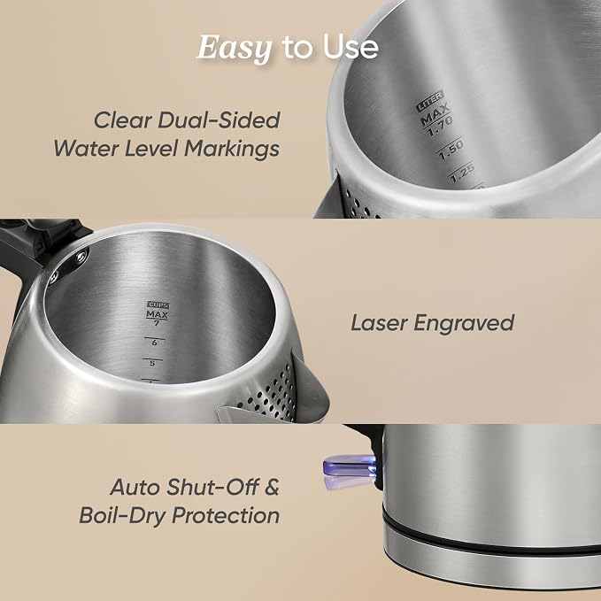 Cosori Stainless Steel Electric Kettle, No Plastic Contact with Water, 1.7L | Easy to Clean, Auto Shut-Off, Boil-Dry Protection, Tea Kettle, Hot Water Boiler, 1500W