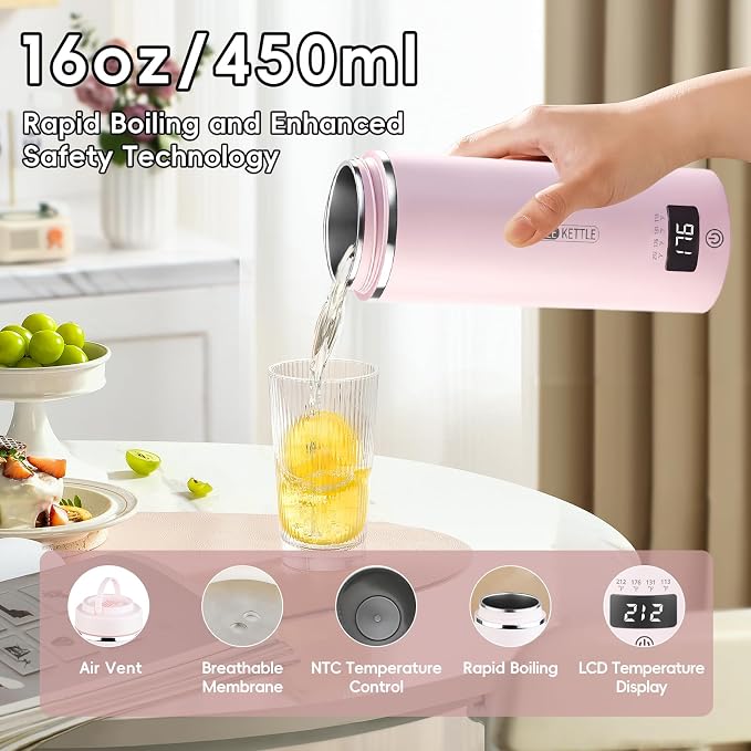 Travel Kettle, Portable Electric Kettle for 4 Temperature Controls, Pink | 304 Stainless Steel Liner, Auto Shut-off, 300W (120V) Fast Boiling, Water Bottle for Business Trips, Dorm & Office, 450ml