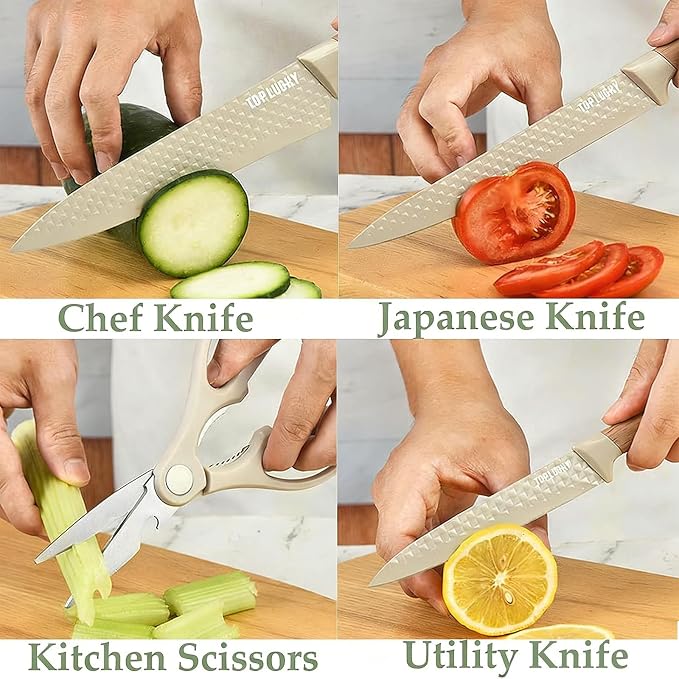 Kitchen Knife Set, Retrosohoo 6-Pieces Khaki Sharp Knife Block Sets for Kitchen, Non-stick Non-slip Stainless Steel Chef knives with Universal Block Suitable for Home Restaurant (Khaki)