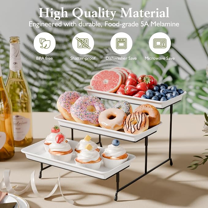 Bumusty 3-Tier Melamine Serving Tray Set, 11.5 x 5.6 in, Black Stand | Melamine Reusable Platters with Metal Display Stand for Cupcakes, Desserts, Fruit, Cookies, Parties, Birthdays and Holidays