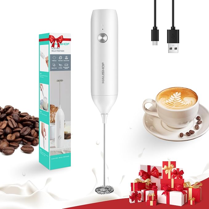HAUSHOF Handheld Rechargeable Milk Frother Wand, Electric Coffee Mixer | Portable Coffee Frother, Detachable Stainless Steel Whisk, Drink Mixer for Matcha, Latte, Cappuccino, No Stand, White