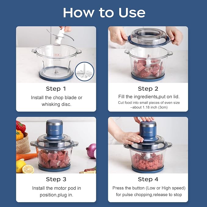La Reveuse Electric Food Processor, 7-Cup Food Chopper Glass Bowl, Blue | for Chopping, Grinding, Mincing, Whisking, Meal Prep, 2-Layer Chop Blade, (1) Whisking Disc, (1) Spatula, 300W, LARB4016