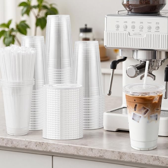 Lamosi 100 Pack 20 oz Clear Plastic Cups with Lids and Straws | Disposable Plastic Cold Cups for Iced Coffee, Smoothies, Parties, Picnics, Office Drinks, Light To-Go Use and Easy Cleanup