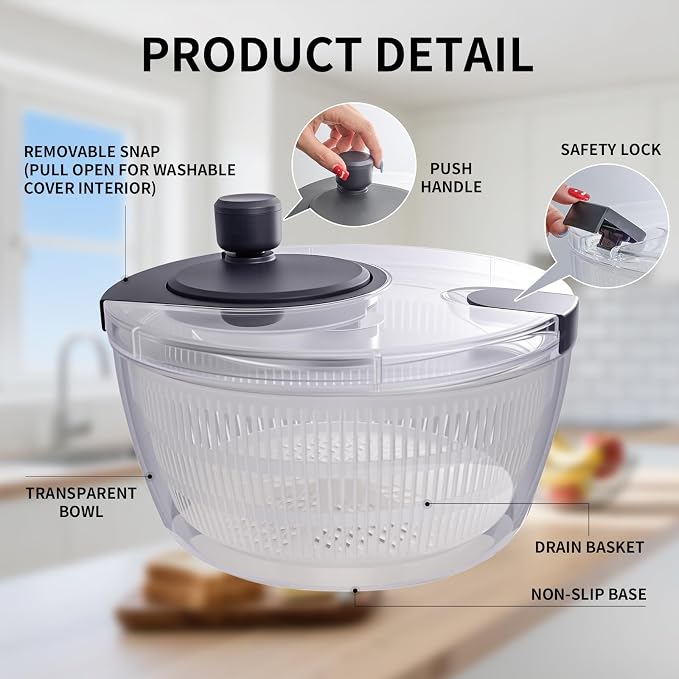 Salad Spinner Large, Fruit Washing Bowl with Strainer, Quick and Easy Use Lettuce Spinner, Fruits and Vegetables Washer, Lettuce Salad Dryer, Kitchen Essentials (4L/4.23Qt)
