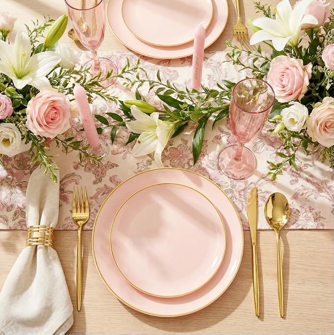 IOOOOO 150 PCS Pink Plastic Plates,Heavy Duty Pink Disposable Plates | Pink Plates Set Include 30 Pink Dinner Plates&30 Pink Dessert Plates,30 Gold Plastic Silverware Set for Wedding,Party
