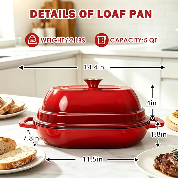 Wdmiya Dutch Oven for Sourdough Bread Baking, Shallow Base & Dome Lid 5 QT | Enameled Cast Iron Bread Baker for Batards & Boules, Easy-Clean Enamel, 500°F Oven Safe, Red, 11.5" x 7.8"