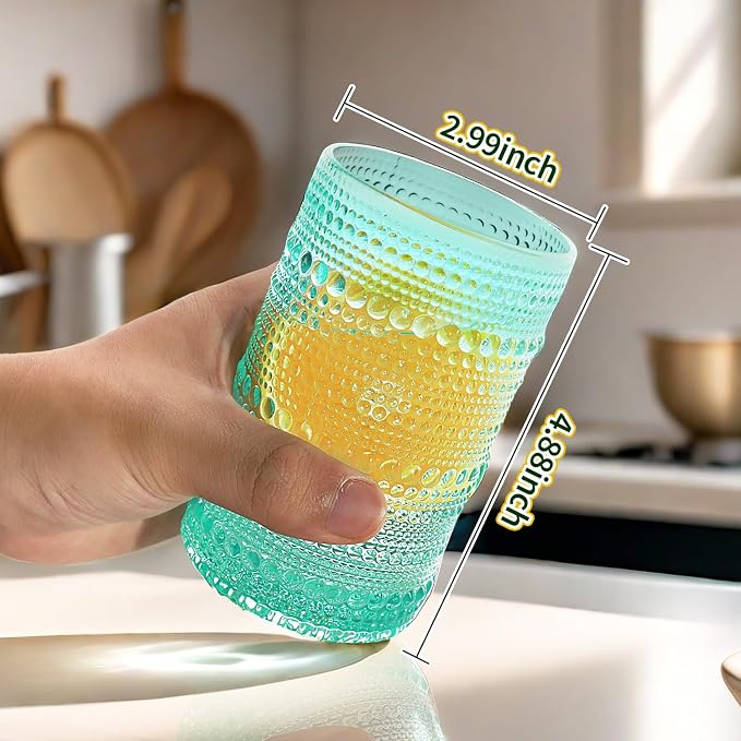 Hobnail-Drinking Glasses 13oz Vintage Glassware Sets Cocktail Juice Glasses Set of 6, Aqua