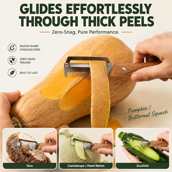 All-in-One Vegetable Peeler for Kitchen: Scallion Shredder | Stainless Steel Wooden Handle - Includes Bottle Opener Grater Dish Cloth & Hook - Multi-Functional for Potatoes