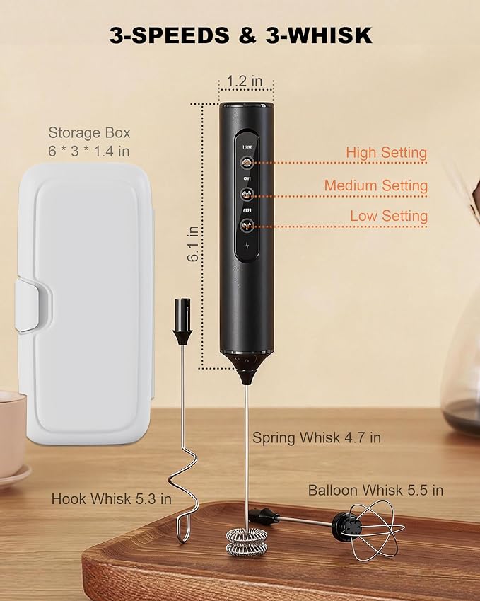 3-Speed Electric Milk Frother Handheld Foam Maker, Black | 3 Whisks & Dual Coil Whisk, TYP-C Rechargeable, Travel Case - Frother for Coffee, Matcha, Hot Chocolate