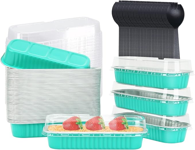 LNYZQUS Mini Loaf Cake Pans with Lids 50 Pack, 6.8oz Foil Baking Tins | Rectangle, Blue, Disposable Aluminum Dessert Cups, Individual Take-out Containers for Take Home Treats