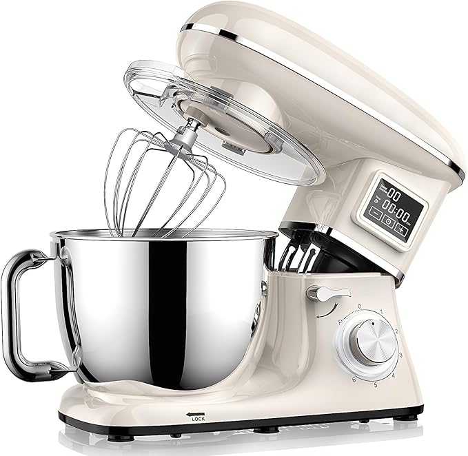 Stand Mixer with LED Display & Timer 6.5QT Stainless Steel Bowl, 1350W 6-Speeds Electric Kitchen Stand Up Mixer for Baking Cakes Cookie Bread Salad Food with Egg Whisk, Dough Hook, Beater - White