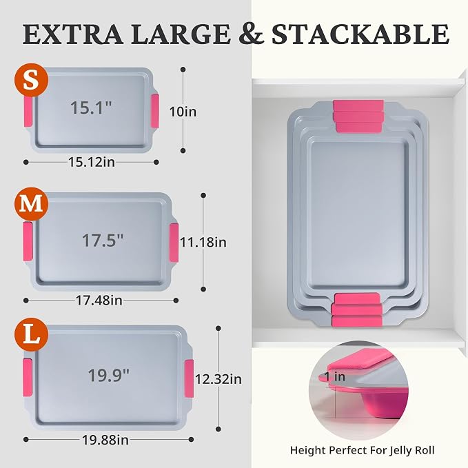 BRONYPRO Non Stick Ceramic Baking Sheet Pan Set of 3, Non Toxic Cookie Sheets (PFAS/PFOA/PTFE Free), Aluminized Steel Oven Trays with Silicone Handles, Rust-Resistant, Warp-Resistant to 500°F, Rose