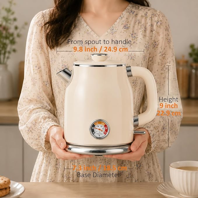 Mecity Retro Electric Kettle 1.7L, Stainless Steel Interior, Food-Grade Silicone Water Contact, Double Wall Cool Touch, 1500W Fast Boil, Thermometer (°F/°C), Wide Opening, Cream
