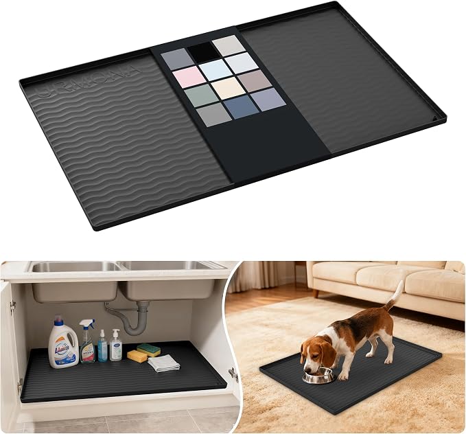 URMONA Waterproof Silicone Under Sink Mat 31'' x 22'' Shelf Liner for Kitchen and Bathroom, Cabinet and Counter Protector, Storage and Organizers, Litter Mat, Pet Cat Puppy Essentials(Black)