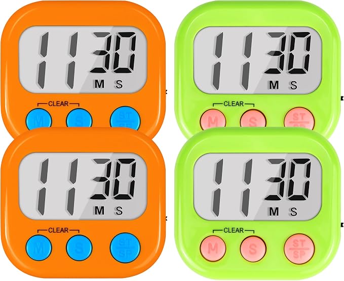 Timer for Kids Digital Kitchen Timers for Cooking- 4 Pack Orange Green | Countdown Timer for Classroom Study Exercise Teacher Supplies, Strong Magnetic, Loud Alarm, Large Screen, Fast Reset, Memory