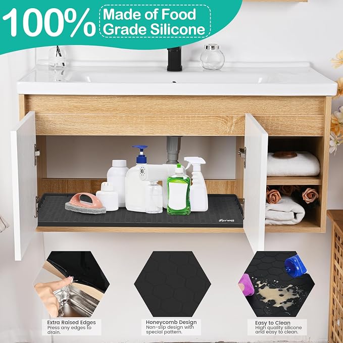 Silicone Under Sink Mat, 34"x19", Waterproof Cabinet Liner, Black | Shelf Liner, Cabinet Protector, Home Organizer, for Kitchen, Bathroom, Multipurpose, Leak Proof, Easy Clean, Drip Tray, Clean