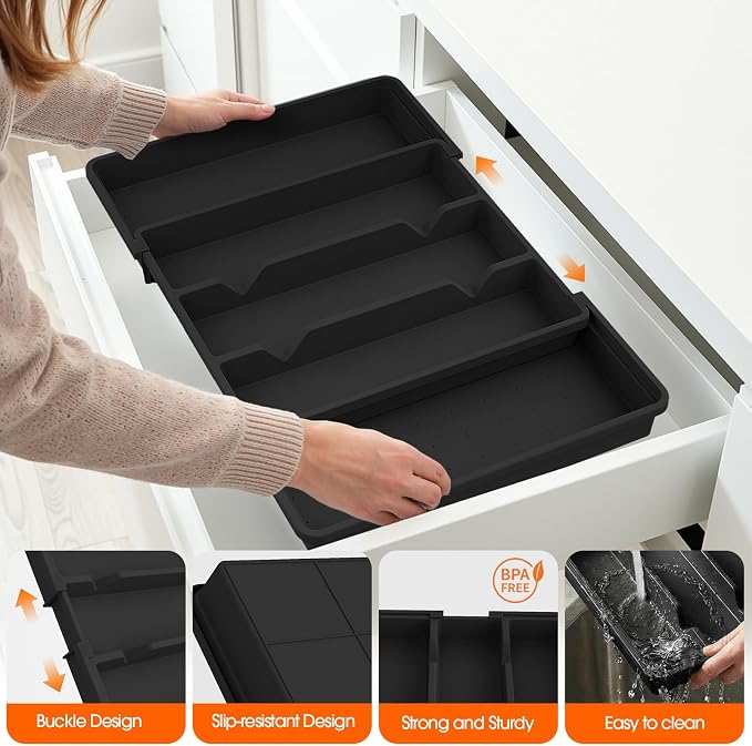 Large Expandable Silverware Drawer Organizer, Utensil Tray | Kitchen Drawer Organizer for Spoons/Forks/Knives, Multipurpose & BPA Free Cutlery Tray(2 Pack, Black)