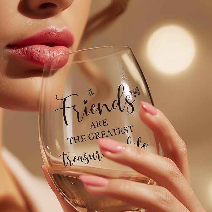 Friend Birthday Gifts for Women, 15 oz Wine Glasses, Dishwasher Safe | “Friends Are The Greatest Treasure In Life” – Scratch-Resistant Wine Glass, Best Friend Birthday Gifts for Women (Black)
