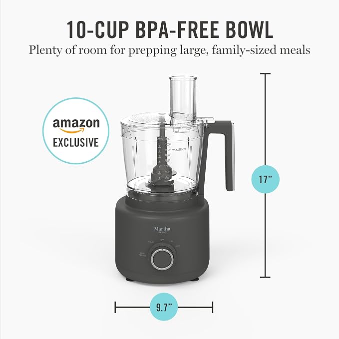 Martha Stewart 10 Cup Food Processor & Electric Chopper, One Touch Pulse | BPA-Free Bowl, 3 Multipurpose Blades, Easy Food Prep, Chop, Slice, Shred, Puree, Emulsify, Speed Dial, Wide Feed Chute, Gray